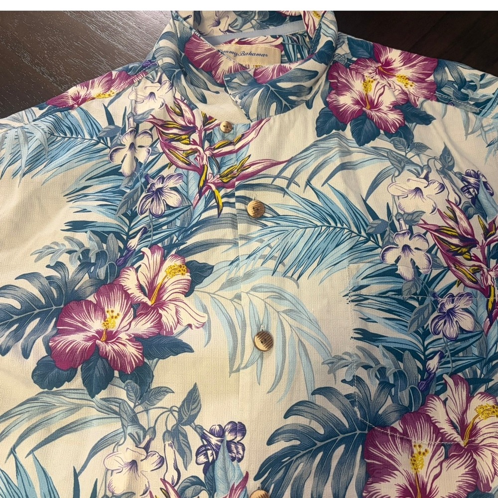 Tommy Bahama Mens Floral Hibiscus Tropical Band Collar Button Down Shirt Large